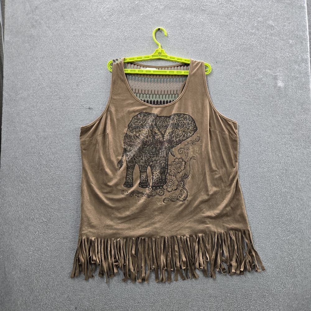Maurices Women Tank Top 3 Brown Geometric Boho Fringe Elephant Scoop Neck